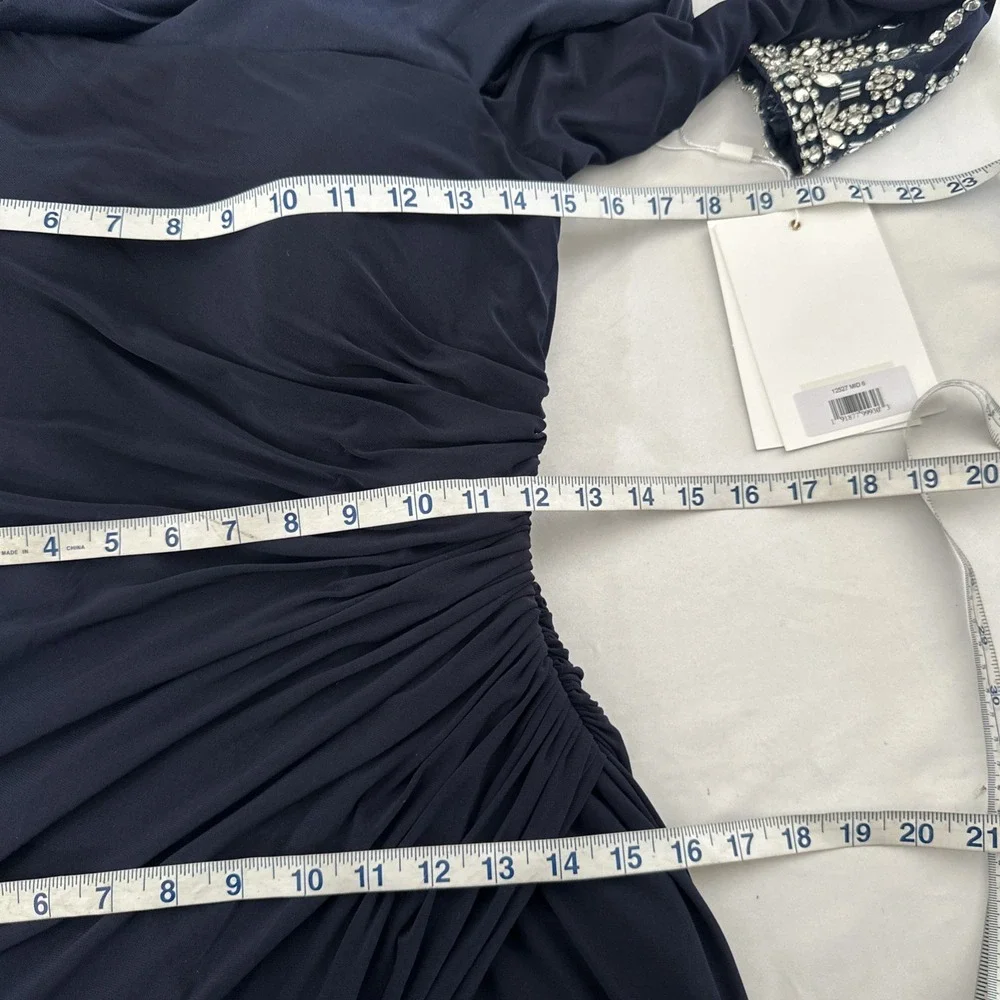 NWT $398 Mac Duggal [ 6 ] 12527 Bead Cuff Drop Shoulder Gown Midnight Blue J1697 - Picture 4 of 14